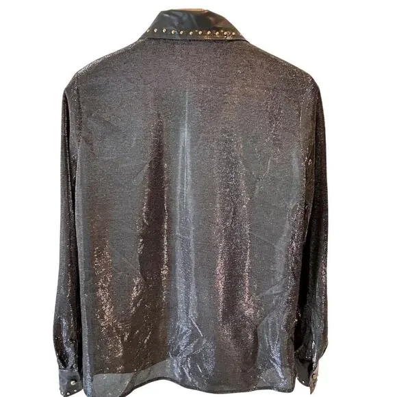 NWOT Unisex Black Leather Gold Studded Glitter Oversized Mesh Western Rock  XS - Picture 4 of 8